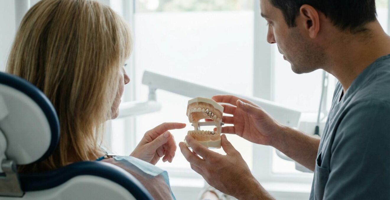 Patiente et dentiste examinant ensemble un modèle dentaire avec couronnes en cabinet