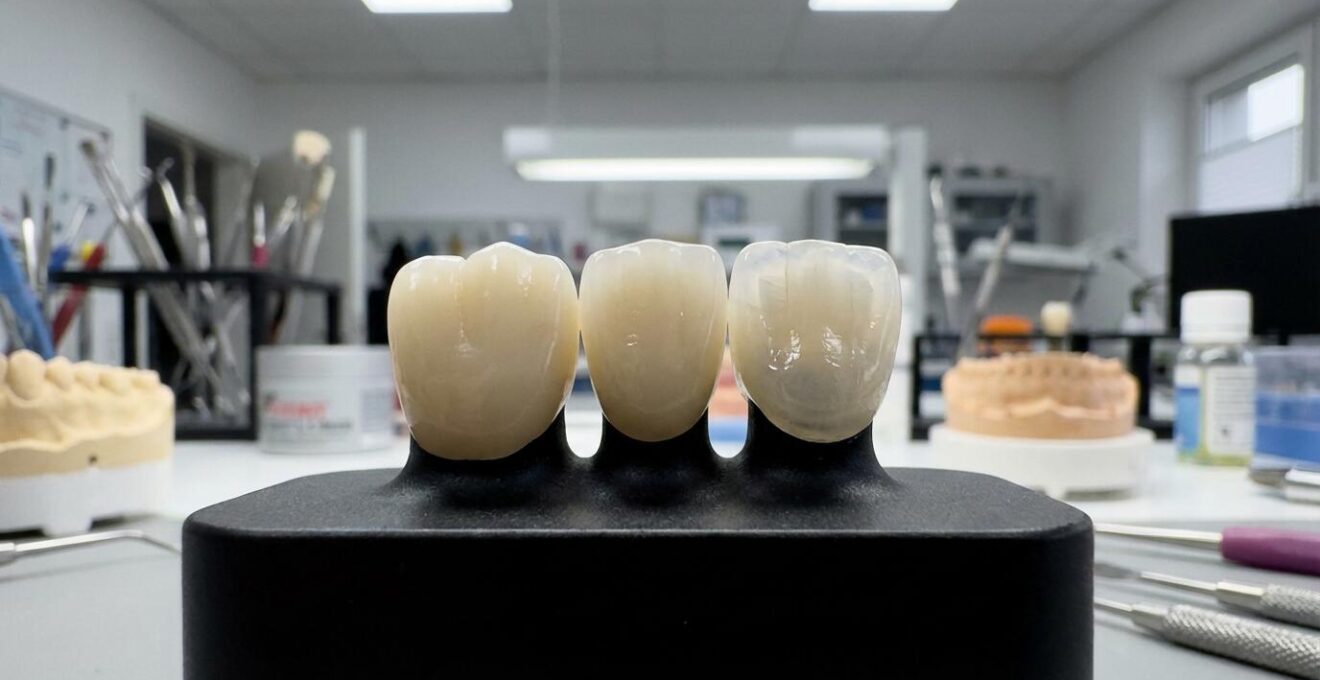 Trois couronnes dentaires céramiques de translucidités différentes alignées sur support noir