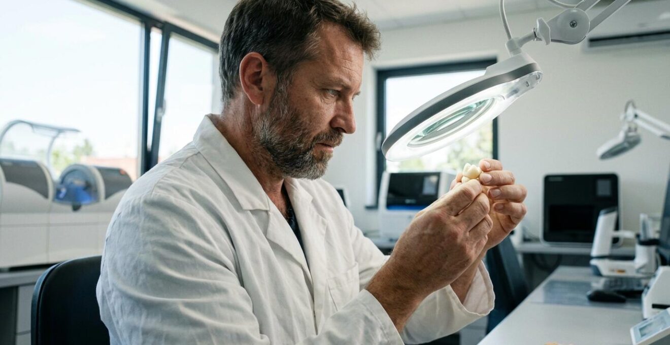 Prothésiste dentaire examinant une couronne céramique sous lampe d'examen dans un laboratoire équipé