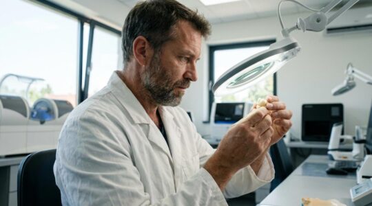 Prothésiste dentaire examinant une couronne céramique sous lampe d'examen dans un laboratoire équipé