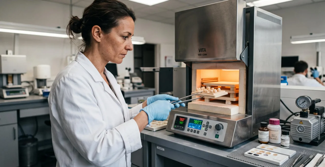 Prothésiste dentaire plaçant des facettes en céramique dans un four de frittage professionnel en laboratoire