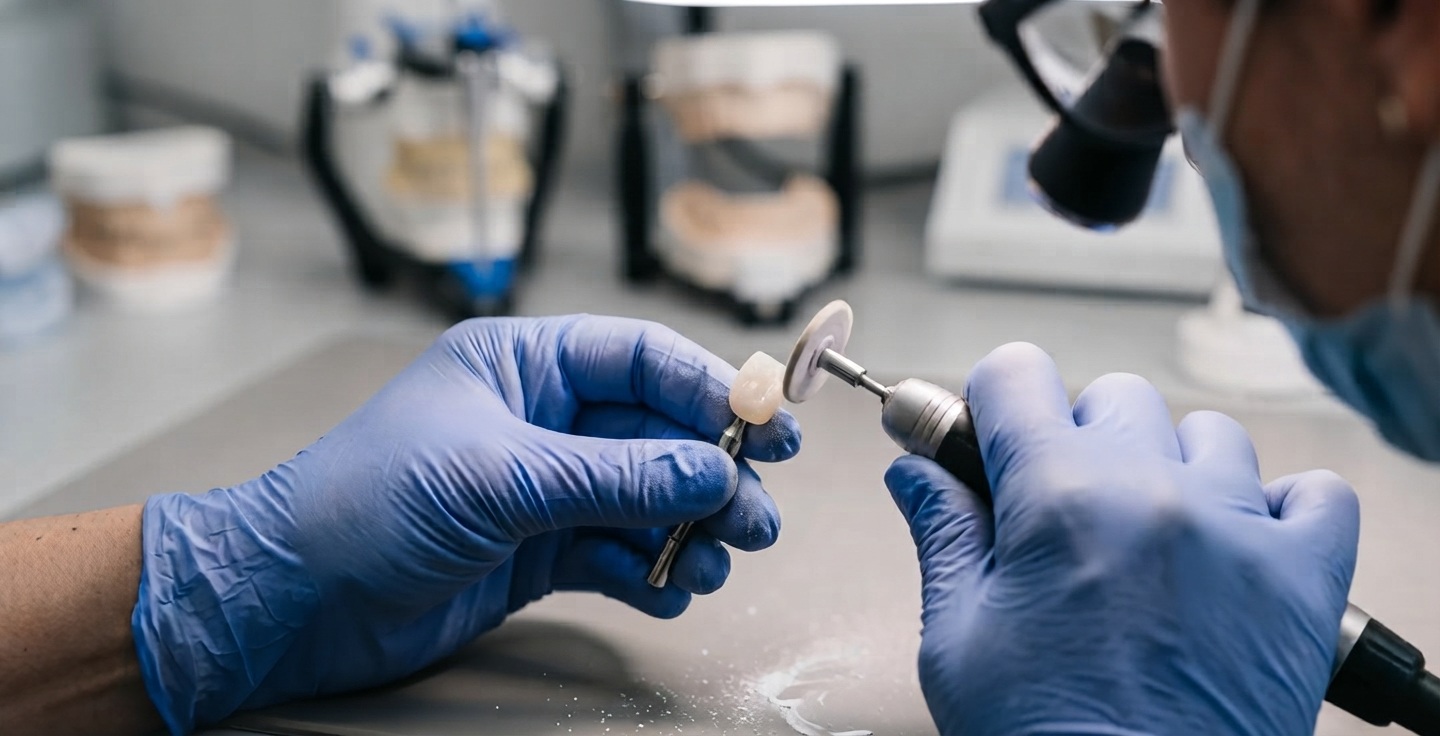 Mains de prothésiste dentaire polissant avec précision la surface d'une facette en céramique avec un instrument spécialisé