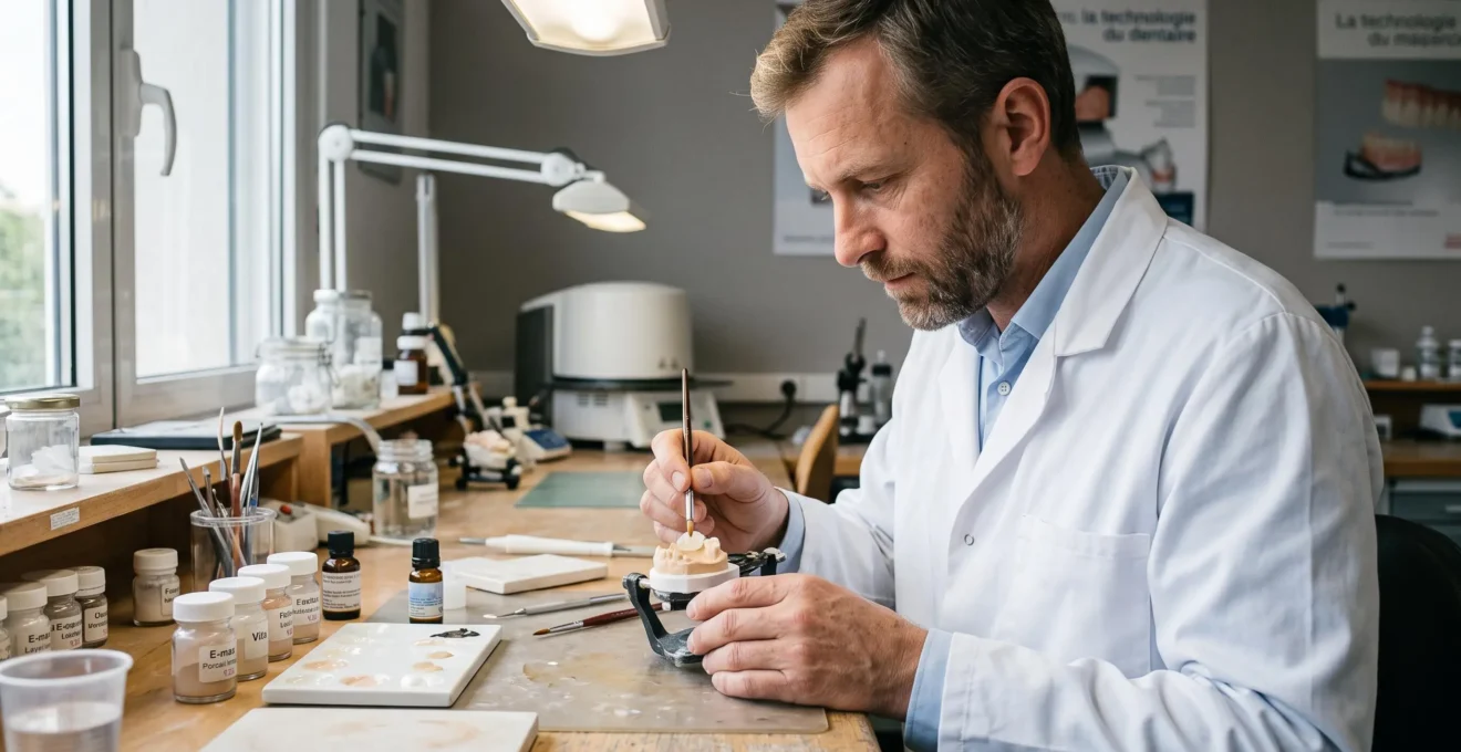 Prothésiste dentaire stratifiant des couches de céramique translucide sur une facette dentaire dans un laboratoire professionnel