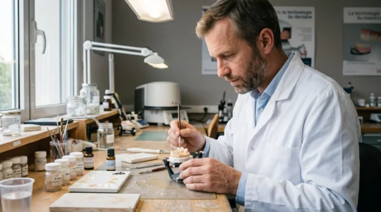 Prothésiste dentaire stratifiant des couches de céramique translucide sur une facette dentaire dans un laboratoire professionnel
