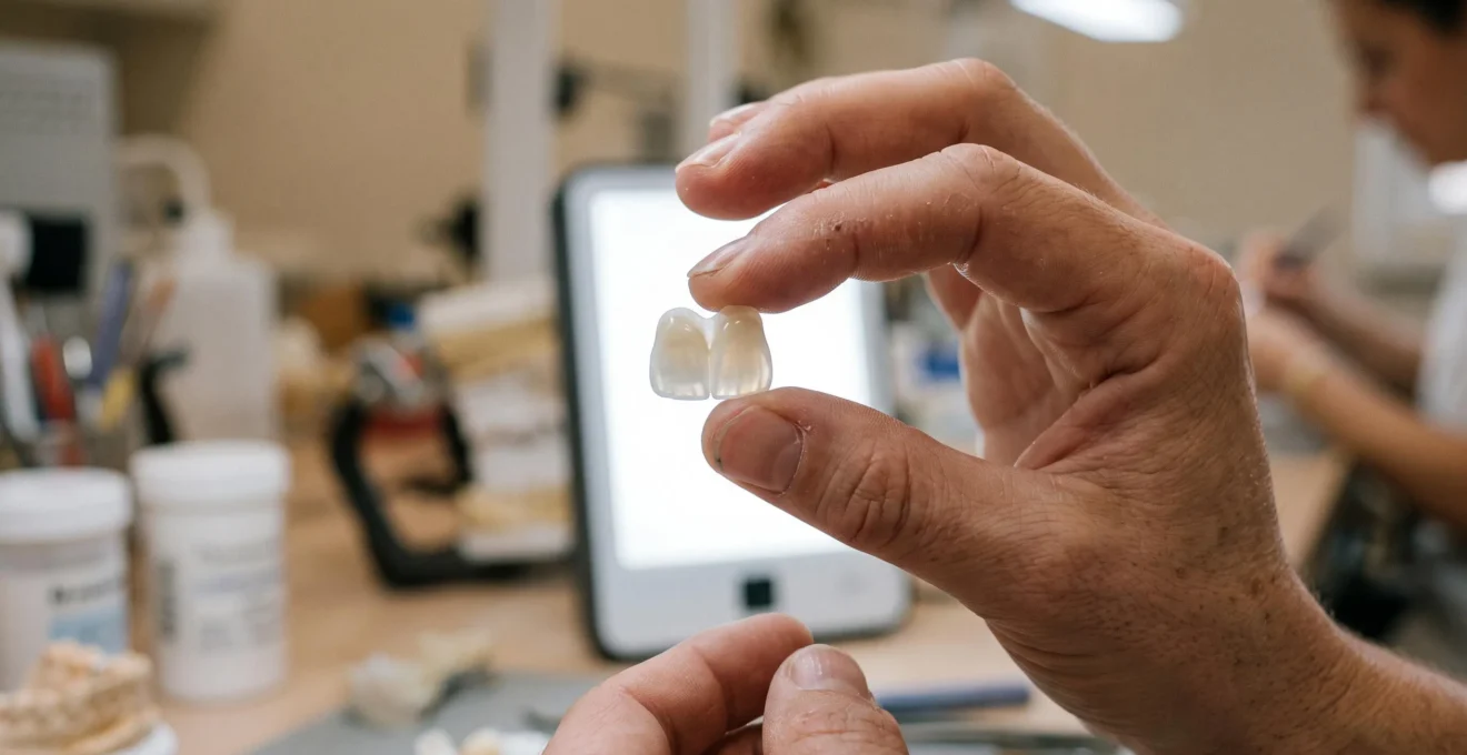 Mains de prothésiste dentaire tenant une facette en céramique devant une source lumineuse pour vérifier sa translucidité