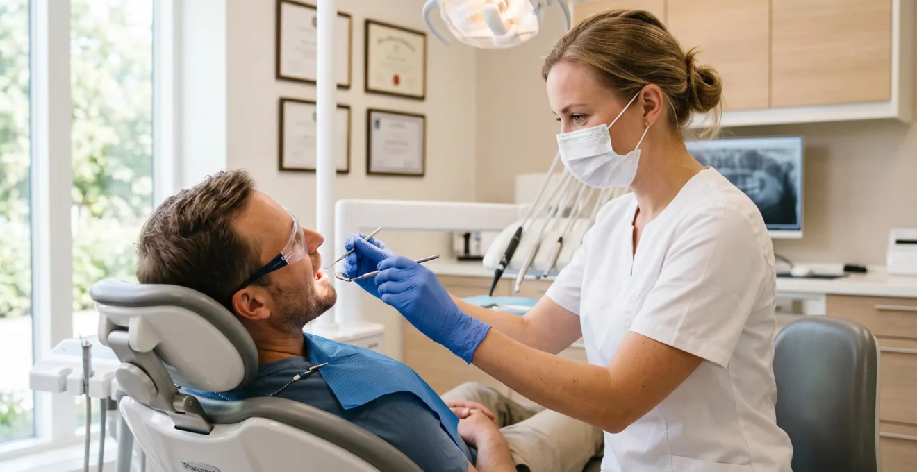 Un dentiste portant gants et masque examine un patient détendu dans une salle de soins lumineuse d'un cabinet dentaire moderne.