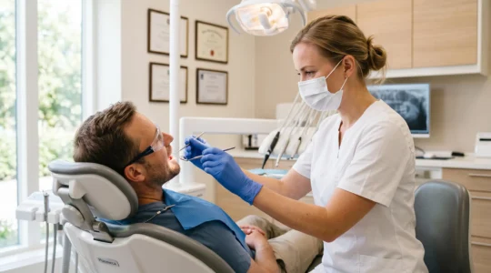 Un dentiste portant gants et masque examine un patient détendu dans une salle de soins lumineuse d'un cabinet dentaire moderne.