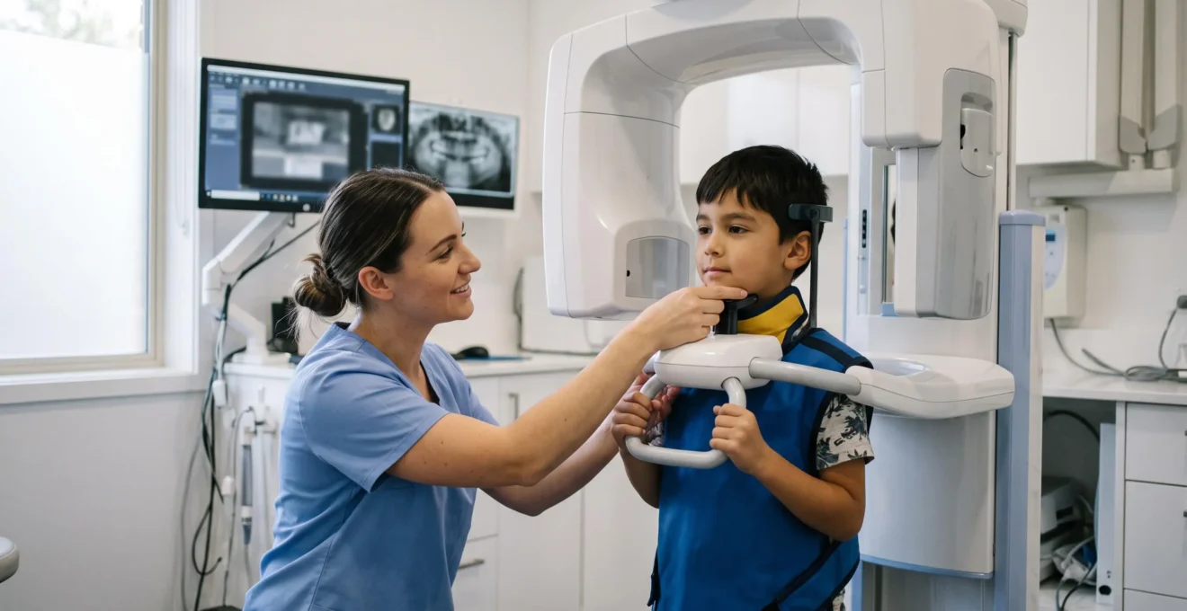 Une assistante dentaire positionne un enfant équipé d'un tablier de protection dans un scanner CBCT d'une salle d'imagerie dentaire.