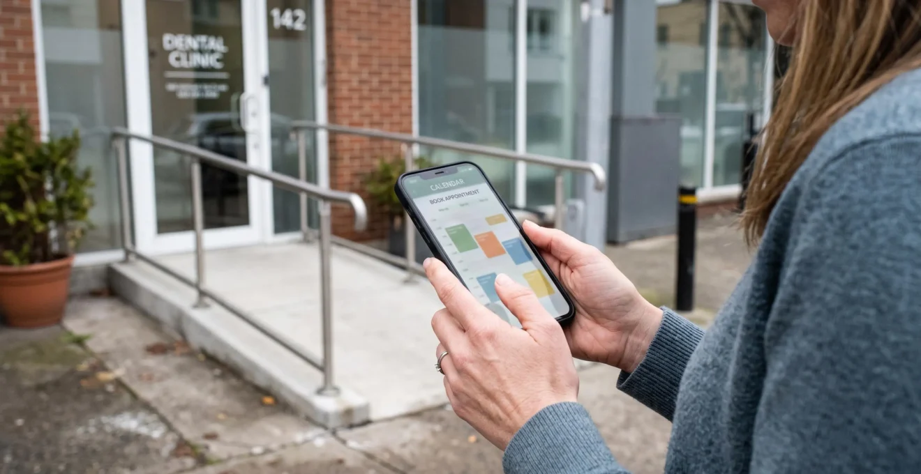Une femme prend rendez-vous en ligne depuis son smartphone devant l'entrée accessible d'un cabinet dentaire équipé d'une rampe d'accès.